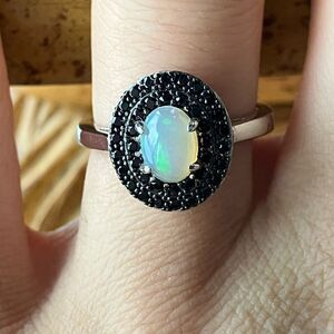 Amazing Natural Ethiopian Opal Halo Ring with Black Spinel
